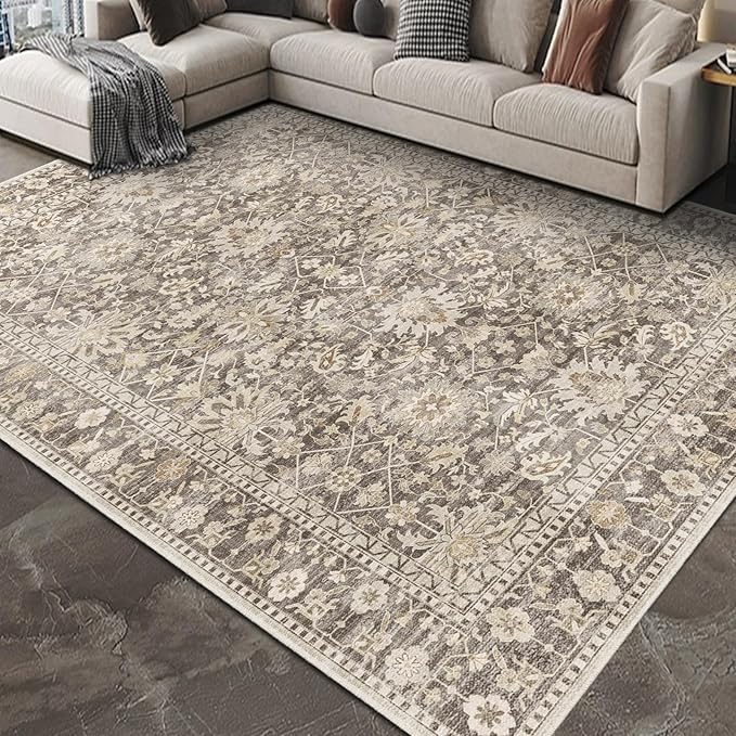 7X9 Area Rugs Machine Washable Rugs for Living Room Bedroom Hallway, Non Slip Indoor Soft Accent Distressed Boho Vintage Print Lightweight Thin Low Pile Carpet (Deep Brown/Gold, 7x9)