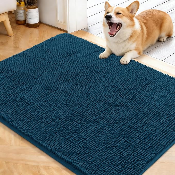 OLANLY Dog Door Mat for Muddy Paws 40x32, Absorbs Moisture and Dirt, Absorbent Non-Slip Washable Doormat, Quick Dry Chenille Mud Mat, Entry Indoor Entryway Carpet for Inside Floor, Atlantic Blue