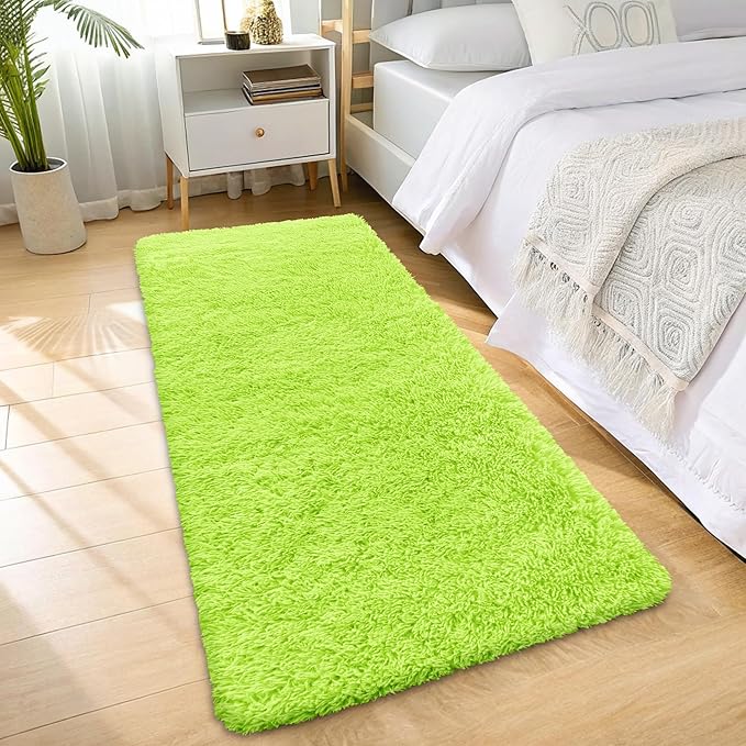 OLANLY 2x8 Machine Washable Runner Rugs for Hallway, Soft Fluffy Shaggy Bedside Rugs for Bedroom, Living Room, Indoor Floor Carpet for Kids Girls and Boys, Home Decor Aesthetic, Lime Green