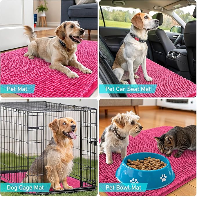 OLANLY Dog Door Mat for Muddy Paws 70x46, Absorbs Moisture and Dirt, Absorbent Non-Slip Washable Doormat, Quick Dry Chenille Mud Mat for Dogs, Entry Indoor Entryway Carpet for Inside Floor, Hot Pink