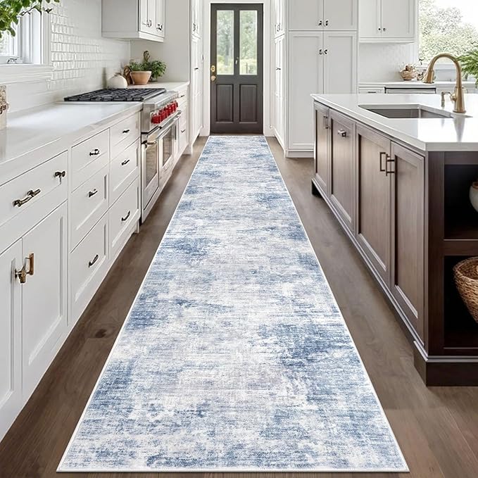 IOHOUZE Abstract Runner Rug 3x20 Ft Extra Long Washable Runners for Hallways, Non Slip Kitchen Runner Printed Faux Wool Entryway Runner Indoor, Modern Floor Carpet for Hall Stair, Light Blue Grey