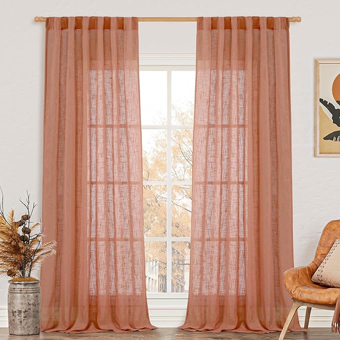 LAMIT Linen Semi Sheer Curtains 96 inches Long 2 Panels Set, Light Filtering Panels Back Tab and Rod Pocket Floor to Ceiling Curtains for Bedroom/Living Room, Terracotta, 52 x 96 Inch