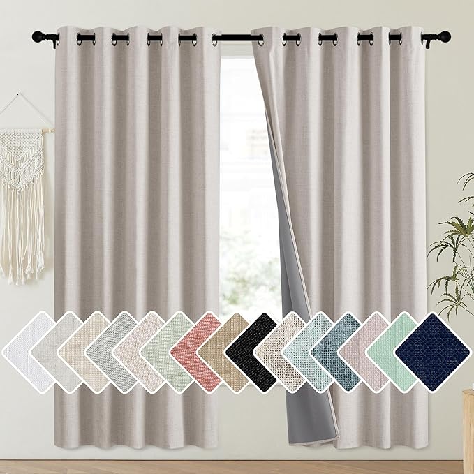 NICETOWN Brich Vintage Open Linen Weave Flax Thermal Curtains, 100% Blackout Curtains 72" Long for Dining Room, Soundproof Window Treatment Drapes for Laundry Room, 62" Wide Per Panel, Set of 2
