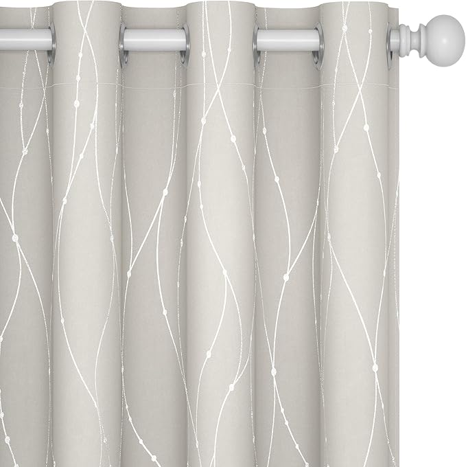 Deconovo Beige Blackout Curtains, Room Darkening Curtain, Thermal Insulated Soundproof Drapes, Silver Wave Dots Print, 52 x 45 Inch, Machine Washable Window Panels for Living Room Bedroom, Set of 2