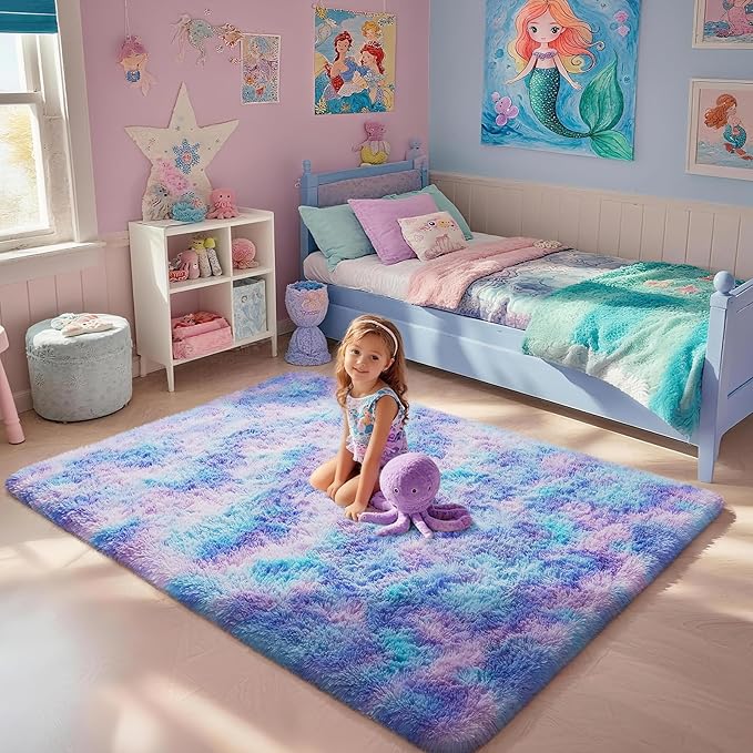 Ophanie Rainbow Purple Rug for Bedroom Girls, Unicorn Colorful Mermaid Fluffy Soft Cute Fuzzy Area Rugs, Shag Plush Shaggy 4x6 Furry Carpet for Kids Baby Teen Dorm Nursery Home Decor Aesthetic