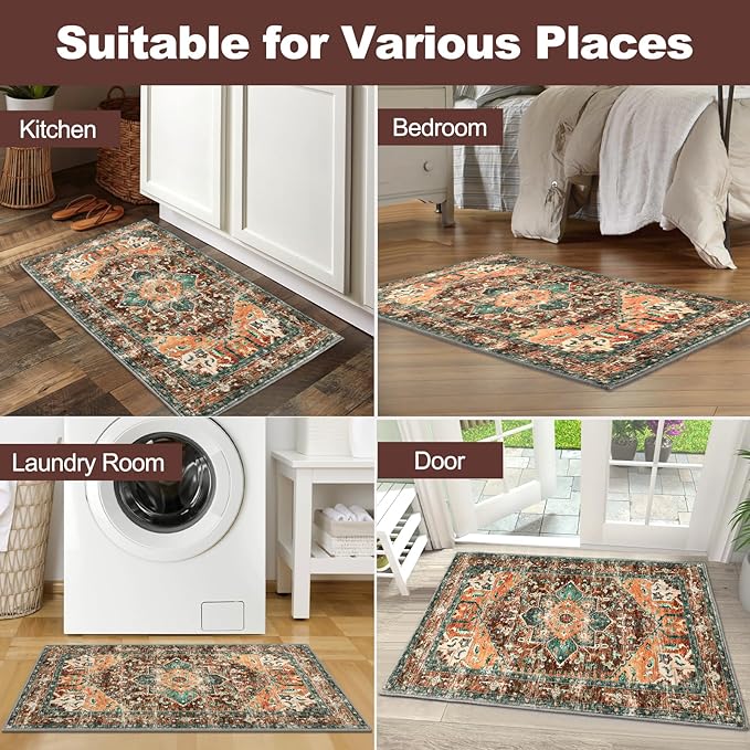 Yamaziot Washable Area Rug, 2x3 Small Entryway Rug Non-Slip Boho Vintage Rug with Rubber Backing, Polyester Soft Distressed Floor Carpet for Indoor Door Mat, Kitchen, Laundry Bathroom