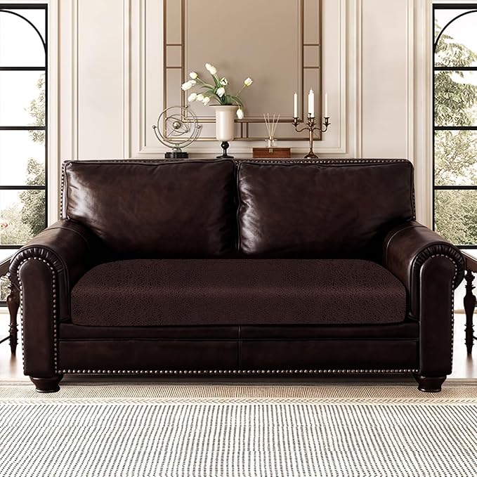 Leather Look Couch Cushion Covers Sofa Seat Slipcovers Sets Couches Furniture Protector for Sectional Armchair Loveseat Pets Kids Stretch Spandex Fabric (1 Cushion Loveseat, Chocolate)