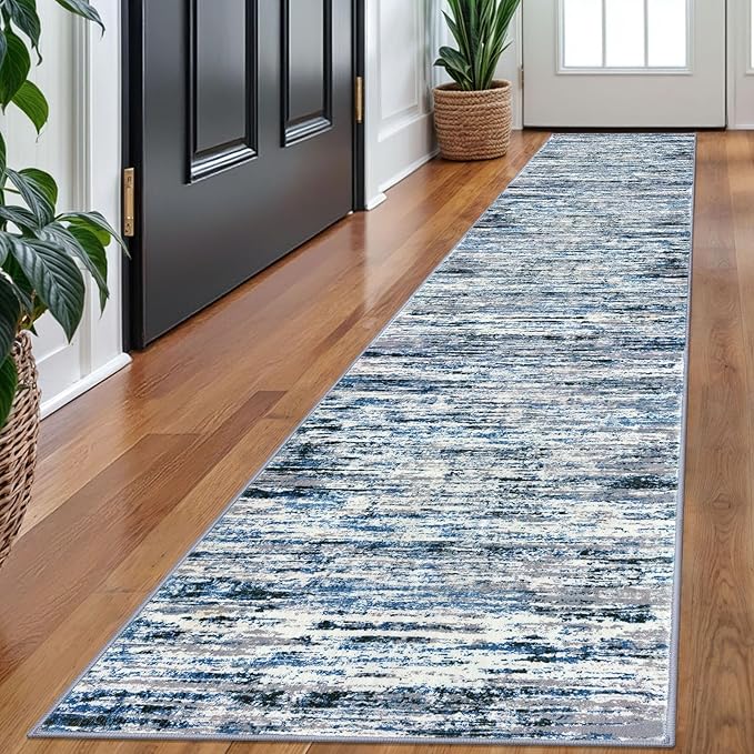 Lansny Modern Abstract Runner Rug 2x10, Grey Blue White Washable Long Kitchen Runner Non-Slip Soft Hallway Rug Runner Thin Print Faux Wool Carpet for Entryway Bedroom Laundry Room Indoor Home Decor