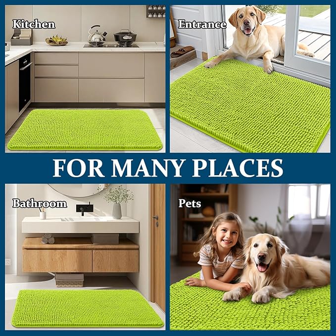 OLANLY Dog Door Mat for Muddy Paws 30x20, Absorbs Moisture and Dirt, Absorbent Non-Slip Washable Doormat, Quick Dry Chenille Mud Mat, Entry Indoor Entryway Carpet for Inside Floor, Bright Green
