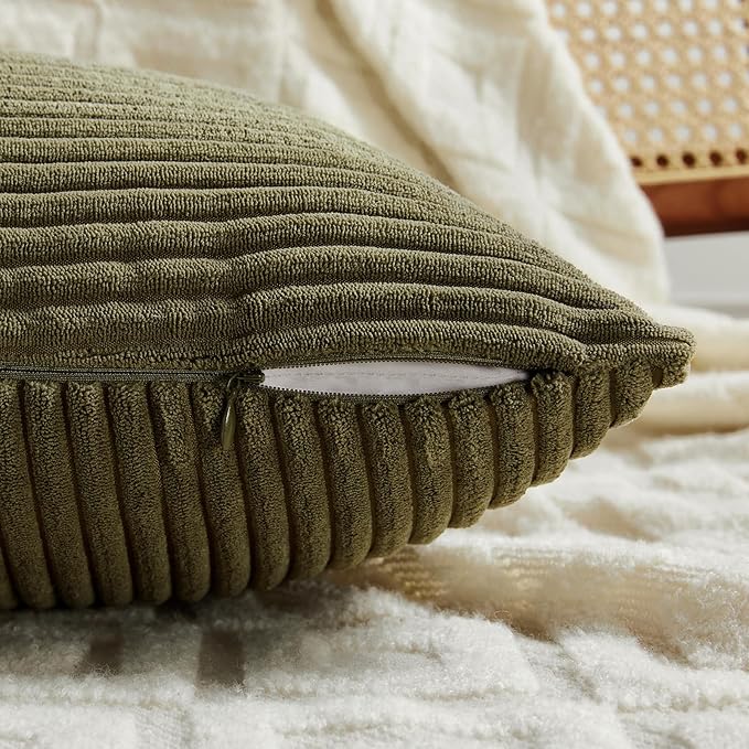 Fancy Homi 2 Packs Olive Green Lumbar Decorative Throw Pillow Covers 14x22 Inch for Living Room Couch Bed, Farmhouse Boho Home Decor, Soft Striped Corduroy Rectangle Accent Cushion Case 35x55 cm