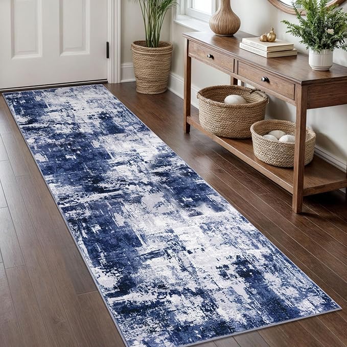 KOZYFLY Modern Abstract Rug Runner for Hallway 2x8 Navy Blue Kitchen Runner Rug Non Skid Washable Carpet Runner Laundry Room Mat Soft Fluffy Low Pile Rug for Hallway Entryway Bathroom