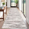 KOZYFLY Modern Abstract Washable Rug Runner 2.6x12 Hallway Rug Runner Non-Slip Soft Kitchen Runner Rugs, Grey/Light Beige/Brown Striped Carpet for Entryway Bathroom