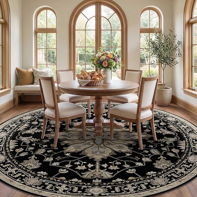 Area Rugs 8ft Washable Non-Slip, Floral Vintage Distress Print Pattern Medallion Carpet for Living Room Bedroom Dining Room, Black Brown Neutral Dark Tan