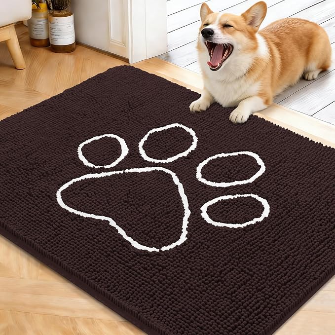 OLANLY Dog Door Mat for Muddy Paws 40x32, Paw Print Design, Absorbs Moisture and Dirt, Absorbent Non-Slip Washable Doormat, Quick Dry Chenille Mud Mat for Dogs, Entry Indoor Entryway Carpet, Brown