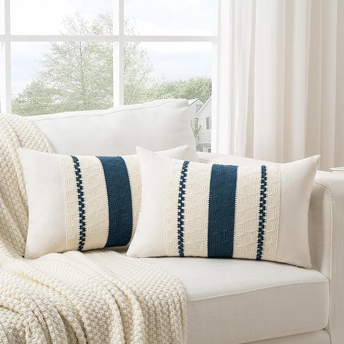 Fancy Homi Set of 1 Boho Teal Lumbar Decorative Throw Pillow Cover 12x20 Inch for Couch Bed Sofa Chair, Modern Organic Farmhouse Home Decor, Soft Cotton Cute Accent Rectangle Cushion Case
