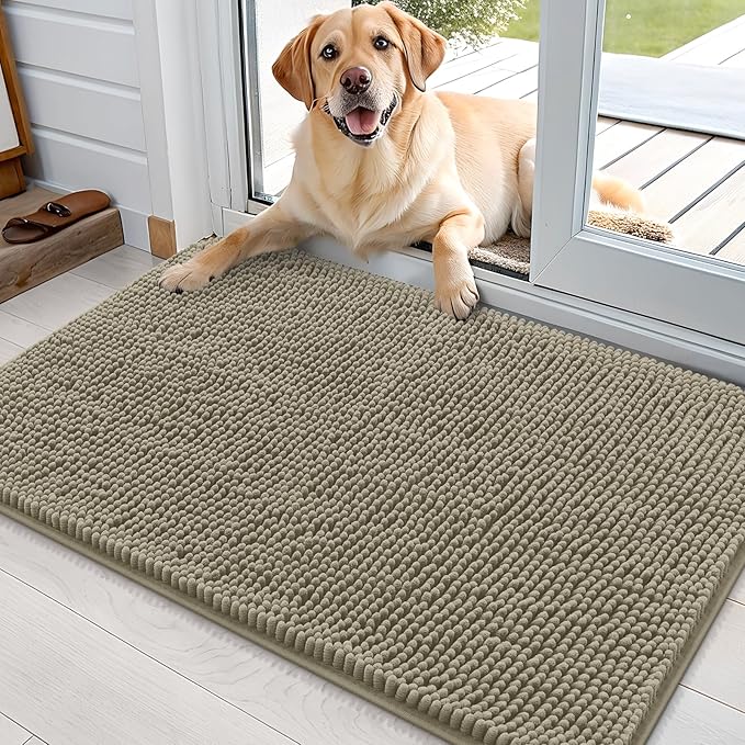OLANLY Dog Door Mat for Muddy Paws 35x24, Absorbs Moisture and Dirt, Absorbent Non-Slip Washable Doormat, Quick Dry Chenille Mud Mat, Entry Indoor Entryway Carpet for Inside Floor, Warm Taupe