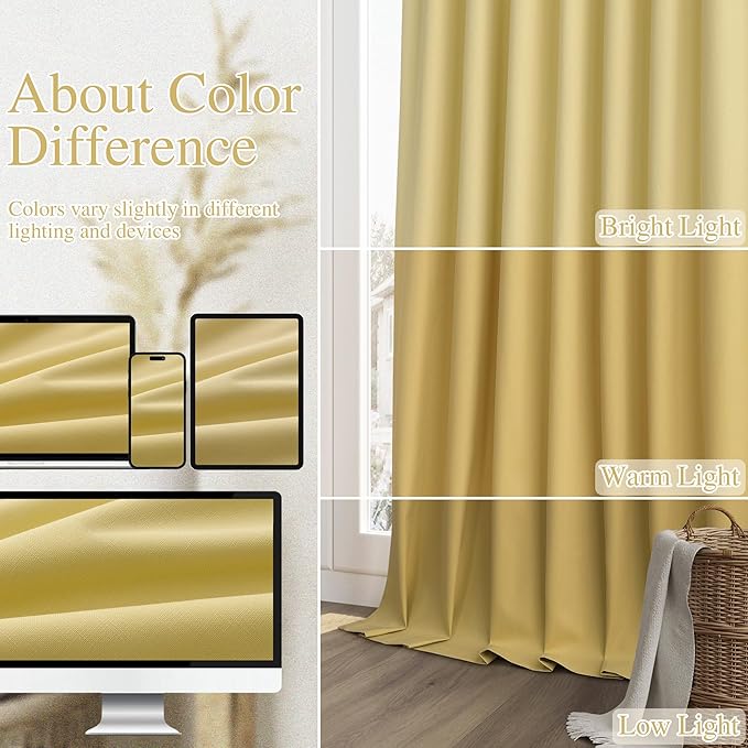 Guken Yellow 100% Blackout Linen Curtains 72 Inch Length 2 Panels Set for Living Room Bedroom Back Tab/Rod Pocket Thermal Insulated Black Out Drapes Room Darkening Window Curtains 72 Inches Long