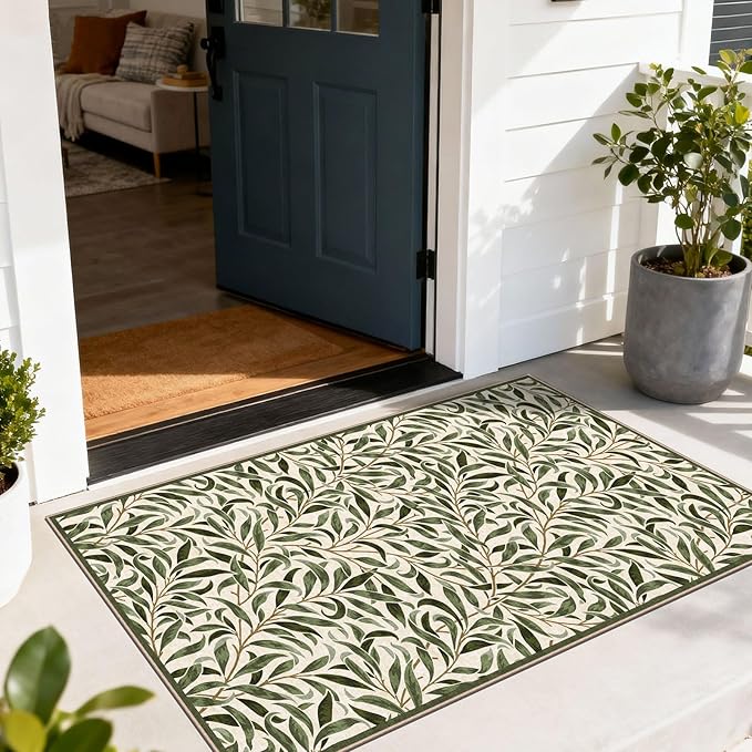 Boho Outdoor Rug - 28" x 43" Front Door Mat Indoor Outside Entrance Non-Slip Washable Outdoor Mat Spring Sage Green Leaf Rug for Entryway Kitchen Bedroom Layered Doormat for Front Porch