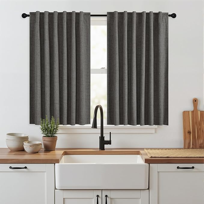 RYB HOME Grey 100% Blackout Short Curtains 52 Width 45 inch Length, Light Blocking & Thermal Insulated Curtains for Kitchen/Small Window/Bathroom/Basement, 2 Panels