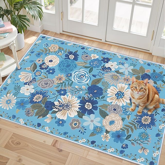 Floral Rug for Entryway, 2X3 Washable Kitchen Mat Ultra-Thin Soft, Non-Slip Indoor Door Carpet Stain Resistant Boho Small Low-Pile Throw for Bathroom Bedroom (Blue Garden, 2 x 3)