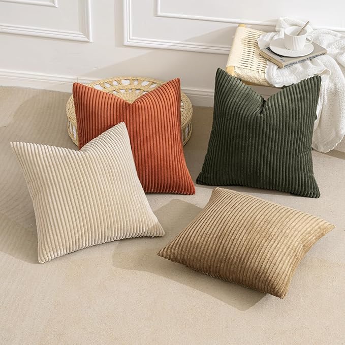 MIULEE Boho Farmhouse Throw Pillow Covers 18x18 Inch Set of 4 Rustic Modern Neutral Cushion Covers Soft Corduroy Nordic Home Decor for Couch Bed Sofa Living Room Rust-Olive Green