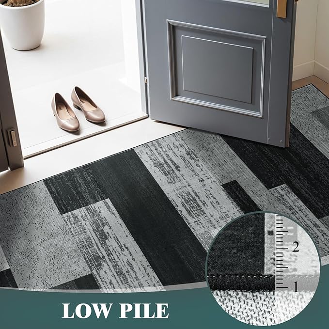 LIANLAM 2x6 Washable Runner Rug for Hallway&Kitchen,Non-Slip Long Carpet with Vintage Checkered Design,Ultra-Thin Low Pile,Stain Resistant Easy Clean Floor Mat for High Traffic Areas(2x6,Gray)