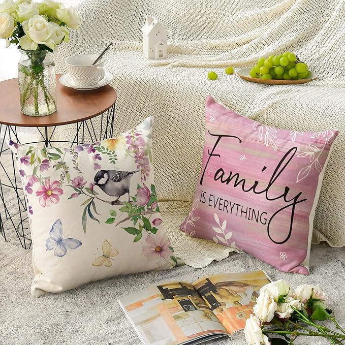 AVOIN colorlife Spring Saying Flowers Butterfly Pink Throw Pillow Covers, 20 x 20 Inch Home Sweet Home Cushion Case for Sofa Couch Set of 4
