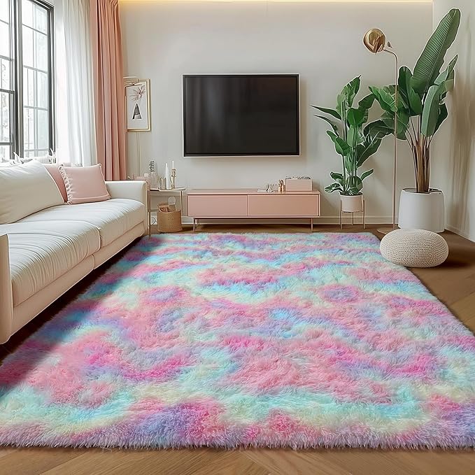 ONASAR Rainbow Area Rugs for Girls Bedroom, 4x6 Fluffy Bedside Colorful Rug, Cute Soft Plush Shaggy Princess Fuzzy Indoor Floor Carpet for Nursery Kids Baby Teen Dorm Playroom Home Decor Aesthetic
