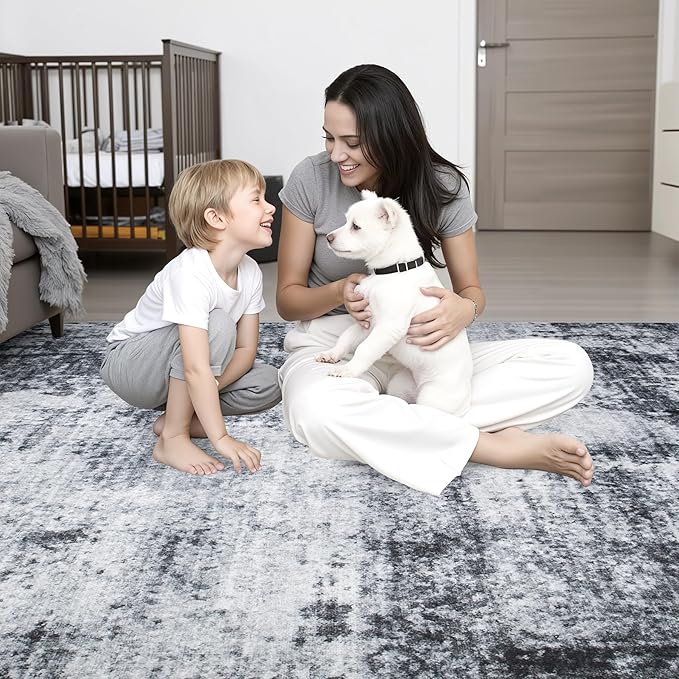 2.6'x8' Runner Rug Washable Rug;Modern Abstract Soft Thin Runner Rug Dark-Black