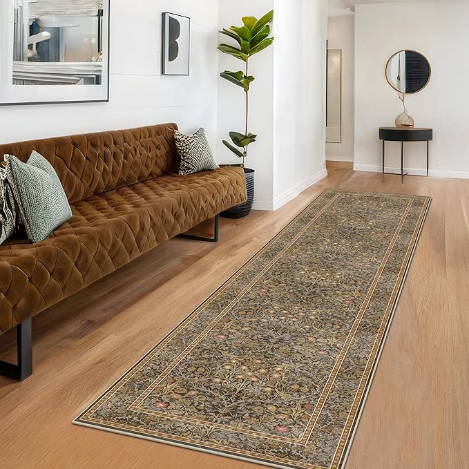 Hazo Haus Non Slip 2x10 Gold Brown Hallway Runner - 10ft Long Runner Rugs, Washable Kitchen Floor Mat - Vintage Floral Design Décor