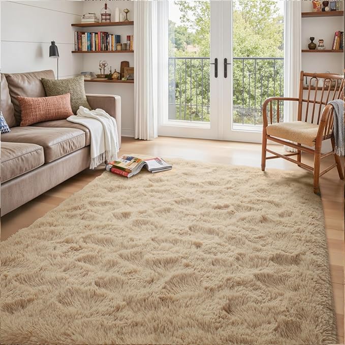 4x6 Ft Shag Beige Rugs for Bedroom Living Room, Ultra Soft Fluffy Furry Area Rugs for Playroom Indoor Floor, Aesthetic Carpet for Kids Home Decor