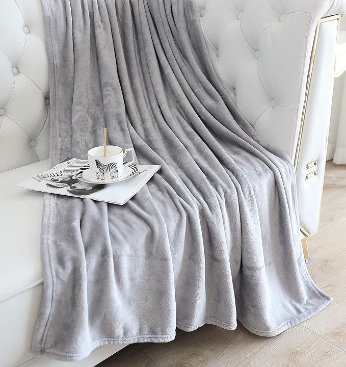 TASTHROW Large Flannel Fleece Throw Blanket, 60×80 Inch - Cozy Lightweight Thick Blanket - All Seasons Suitable for Women, Men and Kids (Light Grey)