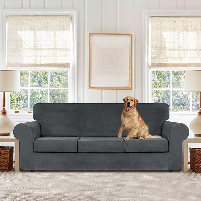 WEERRW 4 Pieces Velvet High Stretch Couch Covers for 3 Cushion Sofa Slipcovers, Washable Furniture Protector with Non Slip Elastic Bottom, Feature Soft and Thick Plush Fabric, Dark Grey, Large