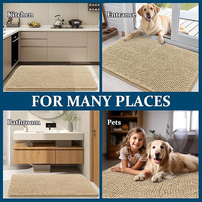 OLANLY Dog Door Mat for Muddy Paws 44x24, Absorbs Moisture and Dirt, Absorbent Non-Slip Washable Doormat, Quick Dry Chenille Mud Mat for Dogs, Entry Indoor Entryway Carpet for Inside Floor, Beige