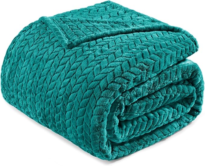Exclusivo Mezcla Fleece Queen Size Blanket for Bed, 90x90 Inches Soft Cozy Jacquard Flannel Blankets, Lightweight Fuzzy Plush Warm for Women, Teal