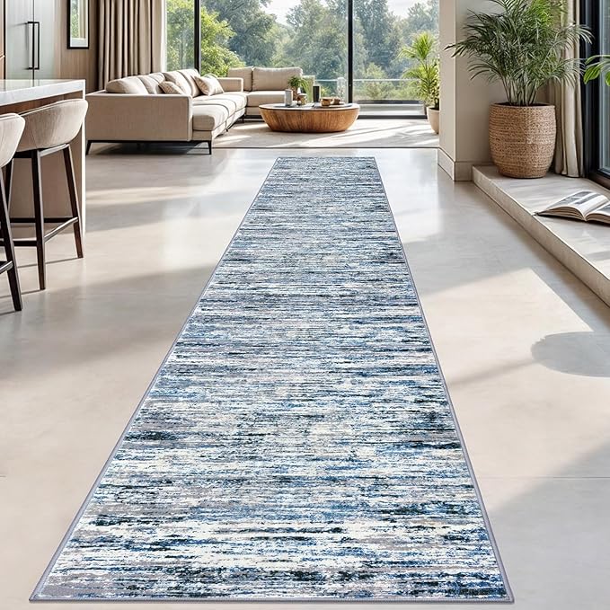 Lansny Modern Abstract Runner Rug 2.6x18, Grey Blue White Washable Long Kitchen Runner Non-Slip Soft Hallway Rug Runner Thin Print Faux Wool Carpet for Entryway Bedroom Laundry Room Indoor Home Decor