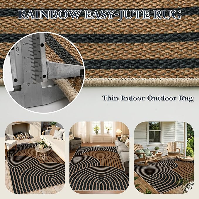 Lahome Enfys Modern Rainbow Easy Jute Carpet, Washable Rugs 5x7 for Living Room Black Farmhouse Dining Room Rug, Contemporary Natural Throw Mat Non Slip Floor Carpet for Office RV Patio