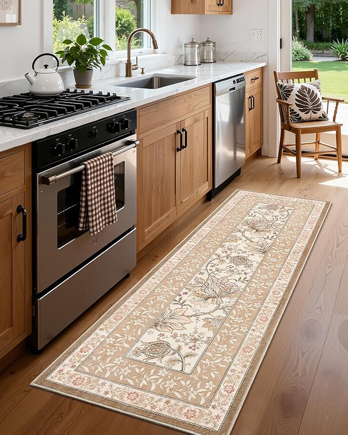 GarveeHome Provence 2x6 Washable Kitchen Runner Rugs Non Slip Vintage Boho Cottage Long Rug for Hallways Bedroom Entryway Bathroom Mat with Rubber Back Pinkish Brown