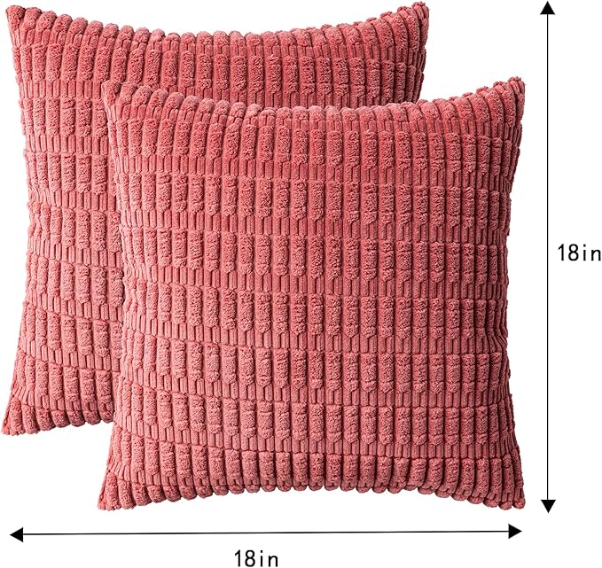 Pack of 2 Corduroy Decorative Throw Pillow Covers 18x18 InchSoft Boho Striped Pillow Covers Modern Farmhouse Home Decor for Sofa Living Room Couch Bed（Cranberry Red）