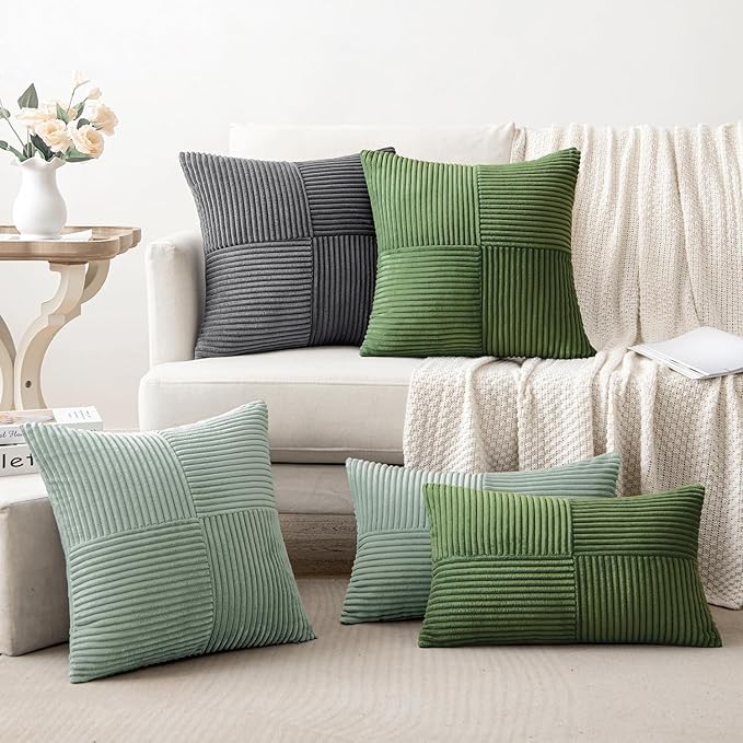 MIULEE Greyish Green Decorative Throw Pillow Covers 20x20 Inch for Couch Bed Sofa Spring Decor Pack of 2 Boho Farmhouse Throw Pillows Soft Cross Corduroy Patchwork Textured Cushion Cases