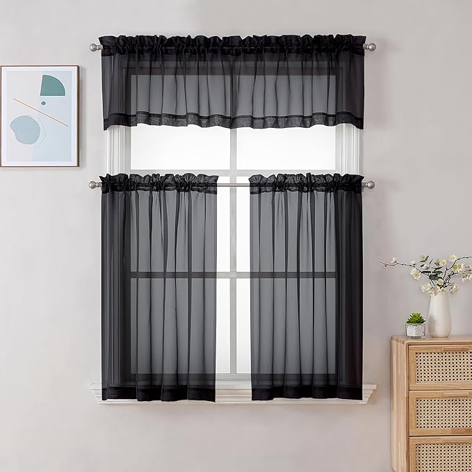 Chyhomenyc Sheer Curtains 36 Inch Length, Short Voile Sheer Window Curtians for Small Window Bathroom Cafe Living Room Farmhouse, 2PCS, 42W x 36L inches, Rod Pocket, Black