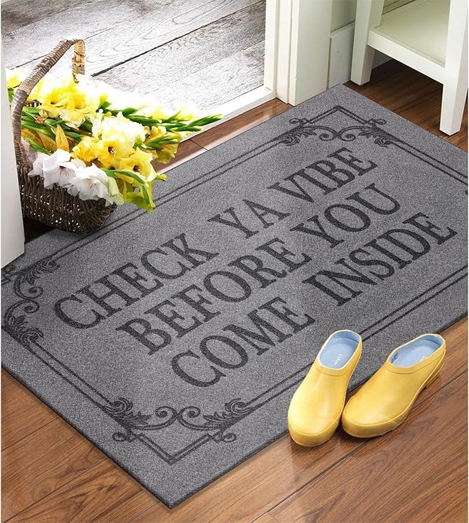 Indoor Door Mat Welcome Mats for Front Door Outdoor, 36" x 24" Check Ya Vibe Before You Come Inside This House Doormat, Non Slip Rubber Farmhouse Mats Light Gray