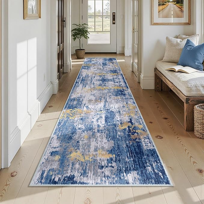 Washable Area Rugs 2'6'' x12 Non-Slip Modern Abstract Soft for Living Room Entryway Bedroom Nursery, Print Pattern, Grey Blue Gold/Golden