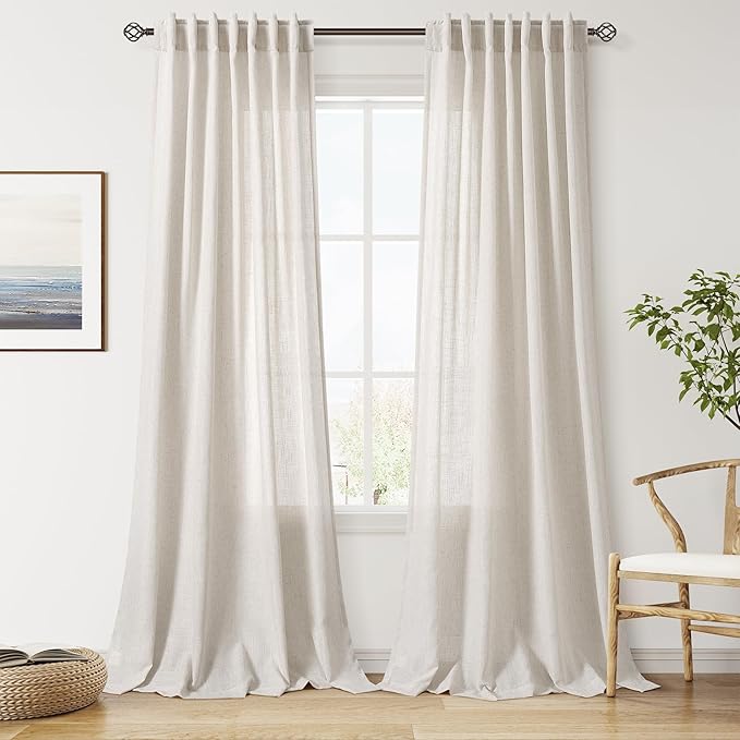 Nanspring Pearl White Linen Curtains 96 Inches Long for Living Room Coastal Decor Luxury Light Filtering Semi Sheer Curtain Back Tab Modern Farmhouse Drapes for Bedroom Office 52x96, 2 Panels