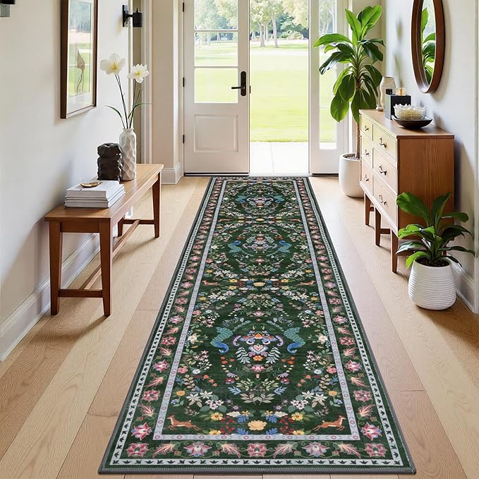 HEBE Washable Hallway Runner Rug 2'x 8' Non Slip Kitchen Rugs Runner,Low Pile Entryway Rug Laundry Room Mat Floral Carpet Runners for Hallways, Kitchen,Bathroom,Laundry,Bedside Rug