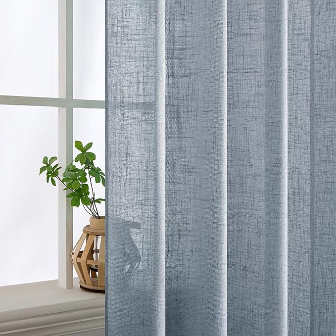 MIULEE Chambray Blue Linen Curtains 108 Inches Long 2 Panels for Bedroom Living Room, Soft Linen Textured Window Drapes Semi Sheer Light Filtering Back Tab Rod Pocket Farmhouse Burlap Look Decor