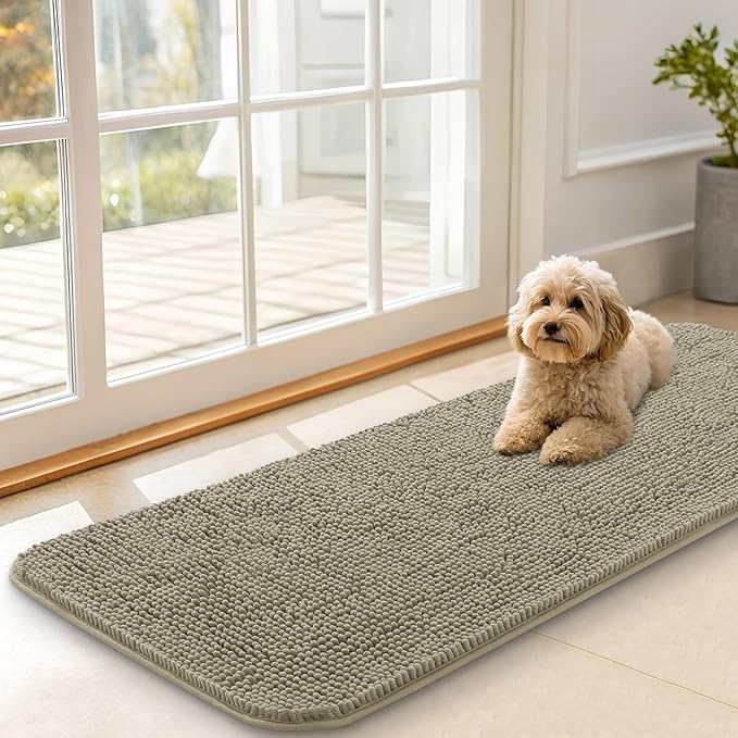 OLANLY Dog Door Mat for Muddy Paws 47x17, Absorbs Moisture and Dirt, Absorbent Non-Slip Washable Doormat, Quick Dry Chenille Mud Mat, Entry Indoor Entryway Carpet for Inside Floor, Warm Taupe