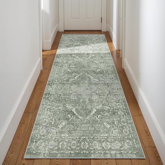 Washable 3x8 Runner Rug - Non-Slip Vintage Runner Rug for Entryway Low-Pile Medallion Long Rugs for Hallway Waterproof Traditional Runner Rug Indoor Thin Rug for Kitchen (Muted Sage Green)