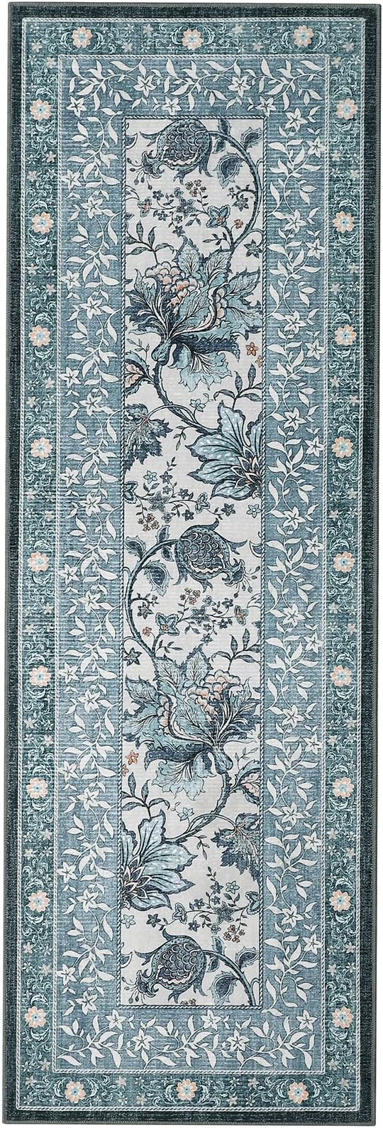 GarveeHome Provence Misty Blue 2x6 Washable Kitchen Runner Rugs Non Slip Vintage Boho Cottage Long Rug for Hallways Bedroom Entryway Bathroom Mat with Rubber Back