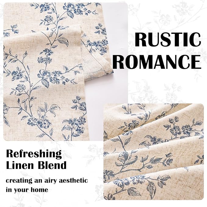 Lazzzy Farmhouse Linen Curtains Extra Long Blue Floral Curtains 108 Inch Long Back Tab Drapes for Living Room Bedroom Light Filtering Country Vintage Rod Pocket, 2 Panels, Blue on Beige